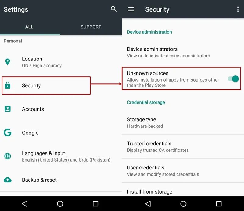 Android Chrome Settings Allowing Installation from Unknown Sources